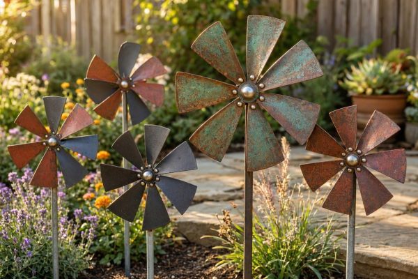 17 Rustic Metal Windmill Garden Stakes Kinetic Spinner Yard Art Pinwheel Decorations For Outdoor Patio Flower Bed