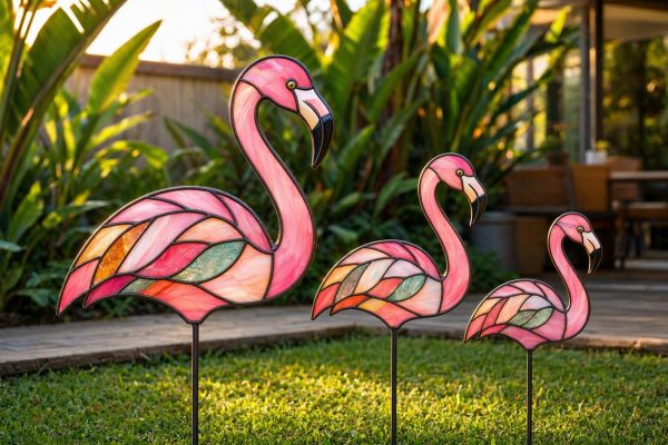 19 Stained Glass Flamingo Garden Stakes Decorative Metal Pink Bird Ornaments For Tropical Patio Yard Lawn Decoration