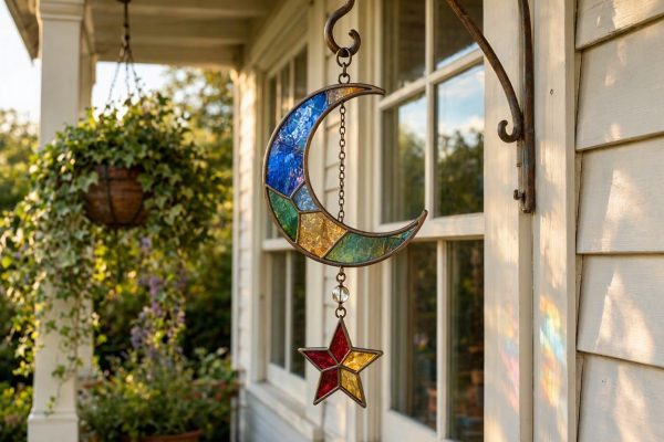 8 Stained Glass Wind Chimes Outdoor Metal Moon Star Windchime For Window Porch Backyard Aesthetic Decor
